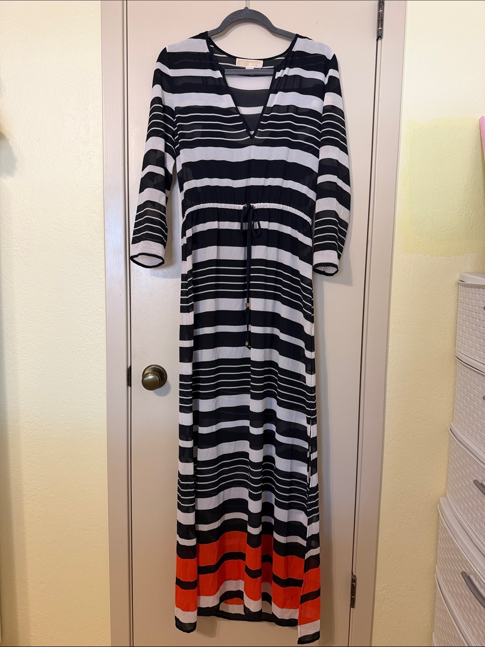 Michael Kors Black, White & Red Striped V-Neck Maxi Dress